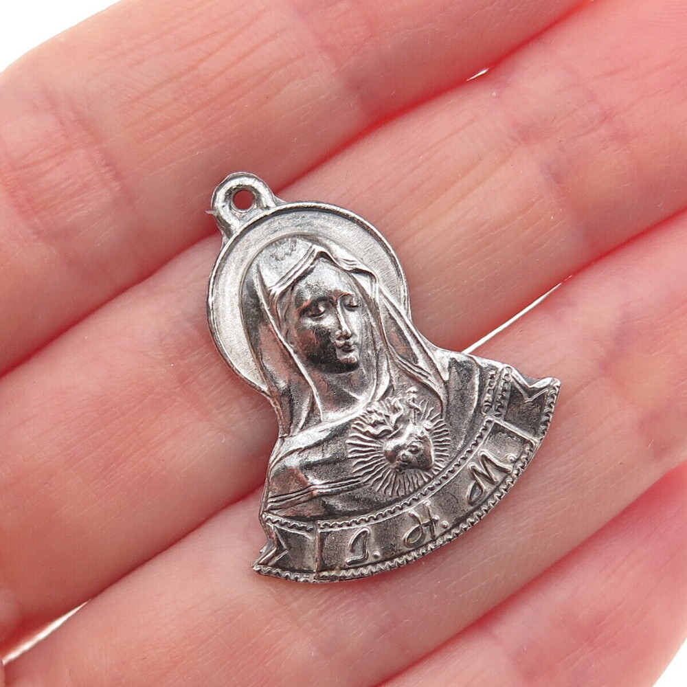 925 Sterling Silver Antique Art Deco St. Mary Religious Oxidized Charm Pendant